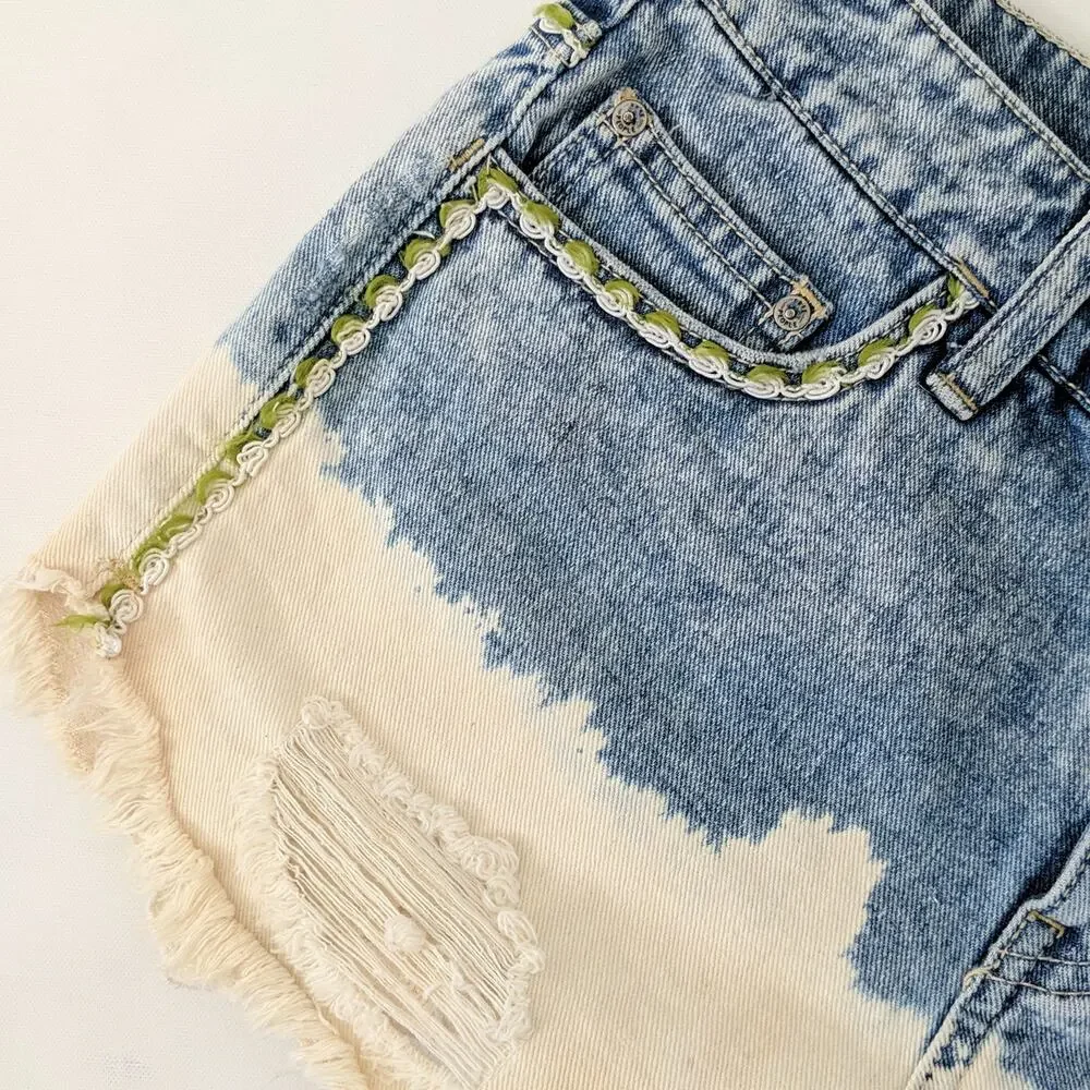 Free People Bleach Acid Lace Distress Jean Shorts‎